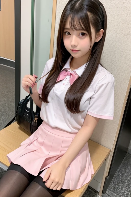 Cute Girls、Idol、high school girl、Pink mini skirt、pantyhose、sit