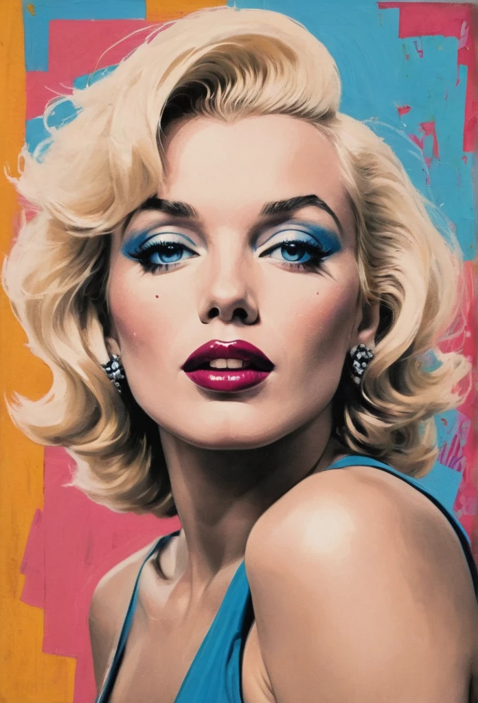 a 1980s pop art style portrait of Marylin Monroe, punk, pop art, stylized, bold colors, photo and illustration hybrid