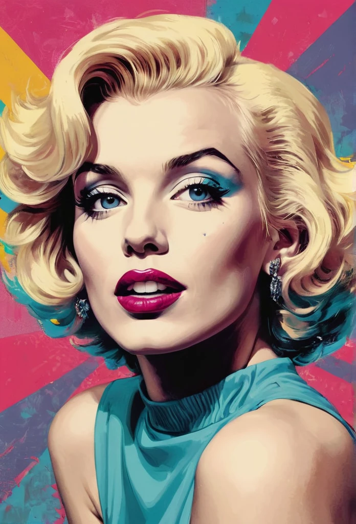 a 1980s pop art style portrait of Marylin Monroe, punk, pop art, stylized, bold colors, photo and illustration hybrid
