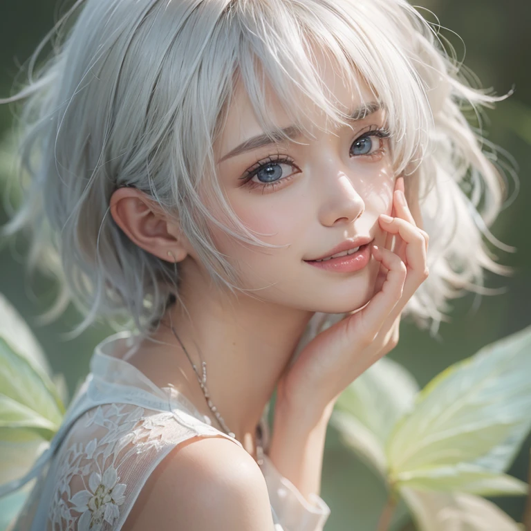(masterpiece:1.3), (8k, Realistic, RAW Photos, Best image quality: 1.4), Fair-skinned fairy woman、short hair、Cleavage:2.0、Highly detailed face、Attention to detail、double eyelid、Sharp focus:1.2、Beautiful woman:1.4、Silvery white hair、highest quality、masterpiece、Ultra-high resolution、(Realistic:1.4)、Highly detailed and professionally lit smiles、Loose, Light,Japanese high 、 one person、whole body,　I eat breakfast 