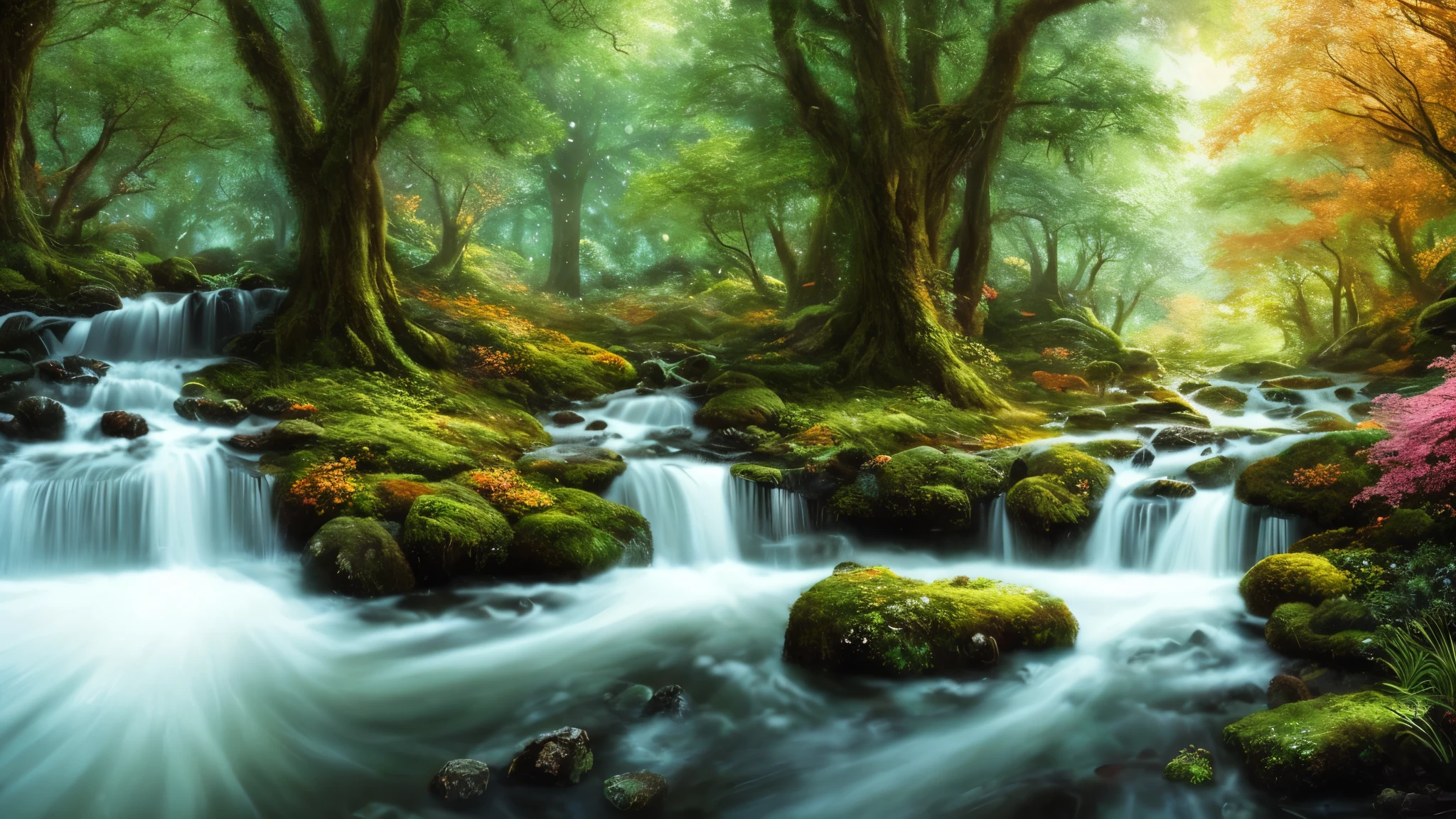 masterpiece, best quality, high quality, extremely detailed 8k CG unity wallpaper, An enchanting and dreamy scene of a fantasy forest, with towering trees, glowing mushrooms and hidden fairy lights, ((enchanting stream)) creates a sense of mystery and enchantment, artstation, digital illustration, intricate, vogue, pastel, oil painting, photography award winning, Blur, Depth of field, HDR, bloom, Chromatic aberration, Photorealistic, ultra detailed, trending on artstation, trending on CGsociety, Intricate, Highly detailed, dramatic, art in the middle of the journey, super realistic and super sharp