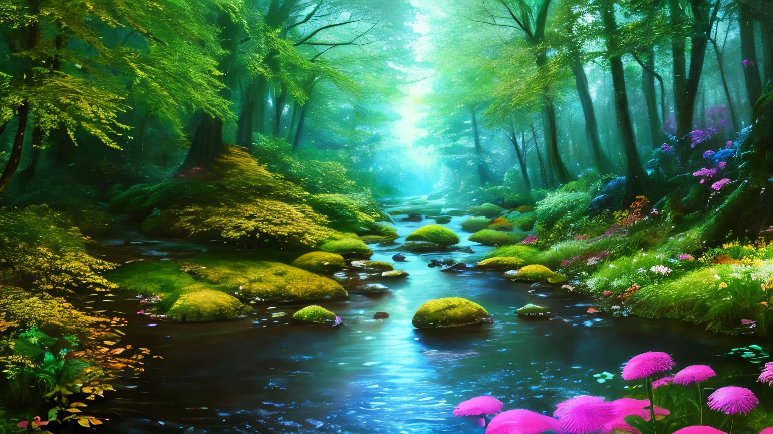 masterpiece, best quality, high quality, extremely detailed 8k CG unity wallpaper, An enchanting and dreamy scene of a fantasy forest, with towering trees, glowing mushrooms and hidden fairy lights, ((enchanting stream)) creates a sense of mystery and enchantment, artstation, digital illustration, intricate, vogue, pastel, oil painting, photography award winning, Blur, Depth of field, HDR, bloom, Chromatic aberration, Photorealistic, ultra detailed, trending on artstation, trending on CGsociety, Intricate, Highly detailed, dramatic, art in the middle of the journey, super realistic and super sharp