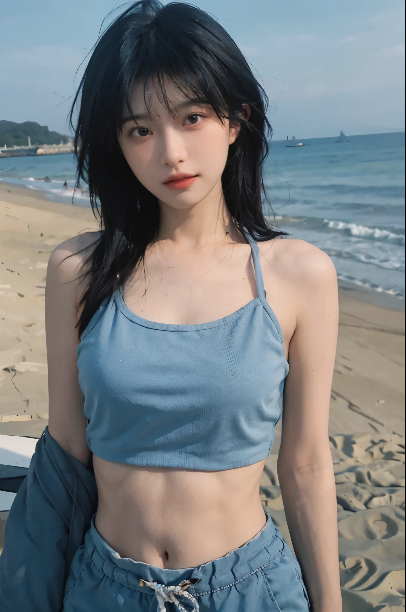 Best quality,Ultra-high resolution,(lifelike:1.4),Cute hairpin,2girll,Short blue hair,jk,Blush,Slim beauty:1.4,Visible abdominal muscles,on the beach,Ultra-fine face,Exquisite eyes,Double eyelids,