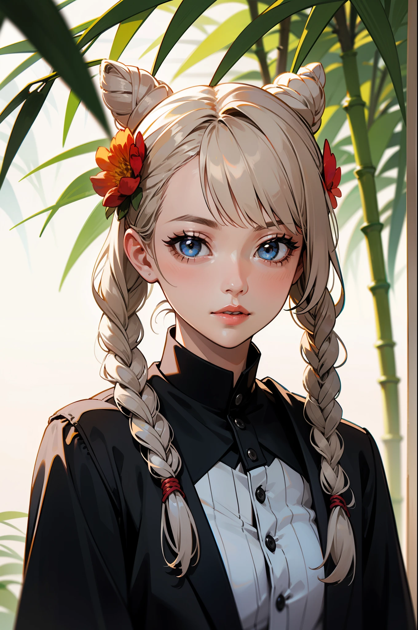 rating:safe, 1girl, solo, realistic, plant, double_bun, looking_at_viewer, lips, upper_body, blurry, leaf, hair_ornament, hair_flower, outdoors, flower, long_hair, bamboo, nose, red_lips, tree, jacket, bun_cover, bangs, day, nature, braid, twin_braids, sunlight, ribbon, depth_of_field