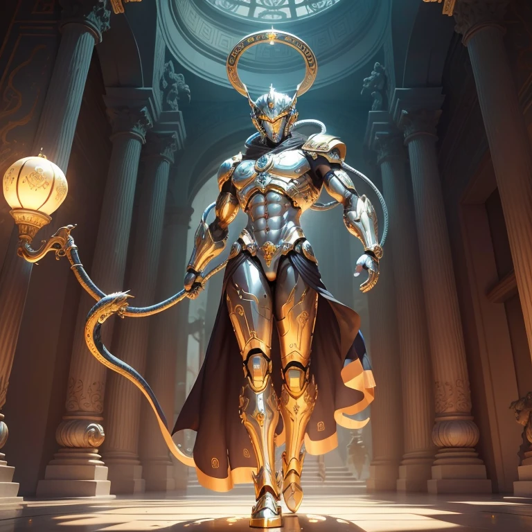 Draw a full body image of a robot inspired by Hermes. The robot has a metallic silver body., A jet engine with wings or a hovering device attached to the feet. The head is shaped like an Hermes helmet., Reminiscent of ancient Greek ornaments. In your hands, It holds the caduceus (Two Snakes Staff), With parts of the snake depicted as robotic arms or wires. Background、God of Olympus々It suggests a palace where, Emphasizing its grandeur and mystery. The style is surreal, With sacred light, lighting that symbolizes the sacred world, And the colors are based on silver and gold, With colours reminiscent of ancient Greek art. Composition uses wide-angle lens, The robot takes up the entire screen. --16 pieces:9-5 o'clock.1 --style 生 --q 2 --s 750