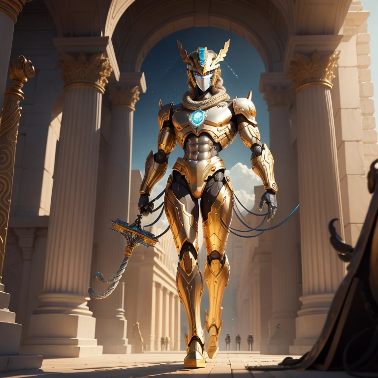 Draw a full body image of a robot inspired by Hermes. The robot has a metallic silver body., A jet engine with wings or a hovering device attached to the feet. The head is shaped like an Hermes helmet., Reminiscent of ancient Greek ornaments. In your hands, It holds the caduceus (Two Snakes Staff), With parts of the snake depicted as robotic arms or wires. Background、God of Olympus々It suggests a palace where, Emphasizing its grandeur and mystery. The style is surreal, With sacred light, lighting that symbolizes the sacred world, And the colors are based on silver and gold, With colours reminiscent of ancient Greek art. Composition uses wide-angle lens, The robot takes up the entire screen. --16 pieces:9-5 o'clock.1 --style 生 --q 2 --s 750