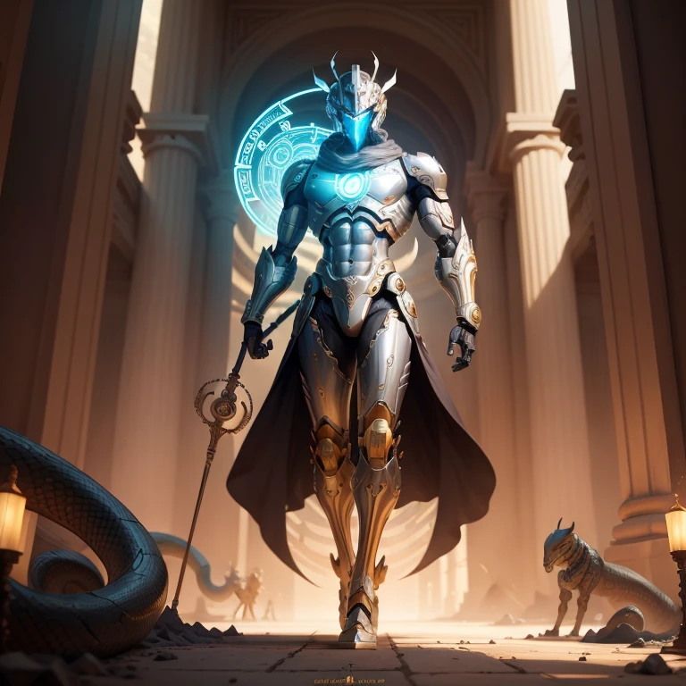 Draw a full body image of a robot inspired by Hermes. The robot has a metallic silver body., A jet engine with wings or a hovering device attached to the feet. The head is shaped like an Hermes helmet., Reminiscent of ancient Greek ornaments. In your hands, It holds the caduceus (Two Snakes Staff), With parts of the snake depicted as robotic arms or wires. Background、God of Olympus々It suggests a palace where, Emphasizing its grandeur and mystery. The style is surreal, With sacred light, lighting that symbolizes the sacred world, And the colors are based on silver and gold, With colours reminiscent of ancient Greek art. Composition uses wide-angle lens, The robot takes up the entire screen. --16 pieces:9-5 o'clock.1 --style 生 --q 2 --s 750
