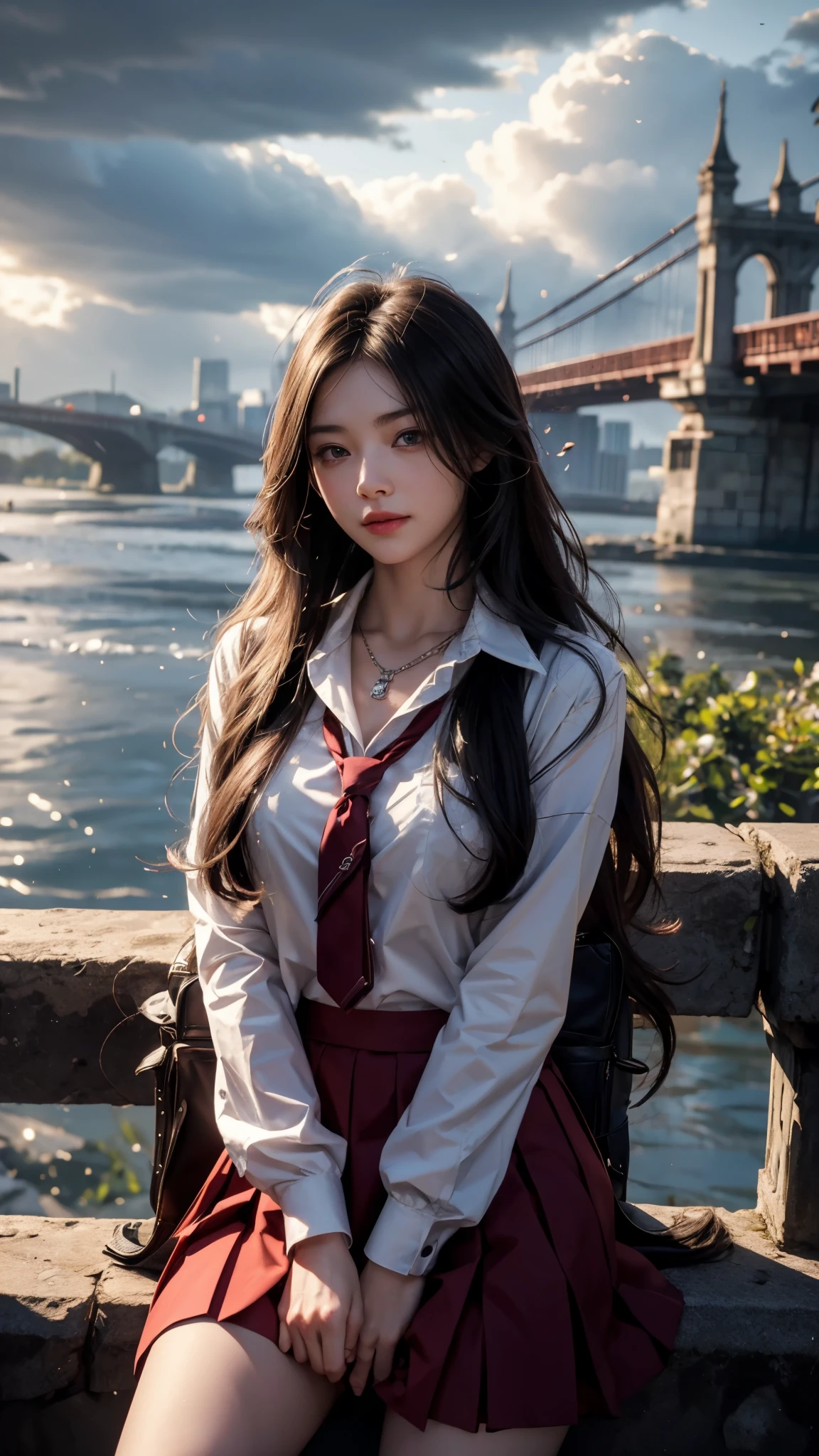 8K, UHD, masterpiece, 1 girl, good face, happy face, detailed eyes, very long hair, necklace, (school uniform), (red skirt), tie, school bag, in the bridge, cloudy weather, realism, depth of field, 3d, unreal engine 5, ray tracing, flowing wind, sitting,