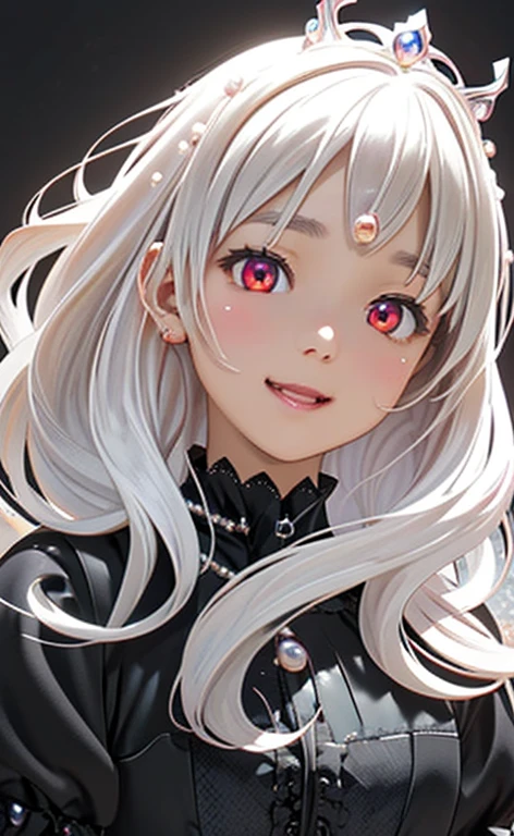 (Photorealistic:1.4)、asuna,(masterpiece、lens flare:1.5、spot light:1.2、Exquisite beautiful eyeonochrome:1.5,portlate、)(little devil:1.3),()
、Cute Face、 3D Face、(pearl white hair:1.5)、(wavy hair:1.3),(1 Girl)、(Red eyes:1.2)、(upper body)、(A face melting with pleasure:1.5)、(head tilt) ,(Cute face:1.2),(flat chest),(),kind face,(white　lace frilled gothic ta),(black background:1.5)、(glowing eyes:1.3)、(crown)、 Neat and clean、Adorable、Slim Body(Tareme:1.5),Shiny Hair、(Glowing pink Skin)、Nijisketch,Manga,zydG