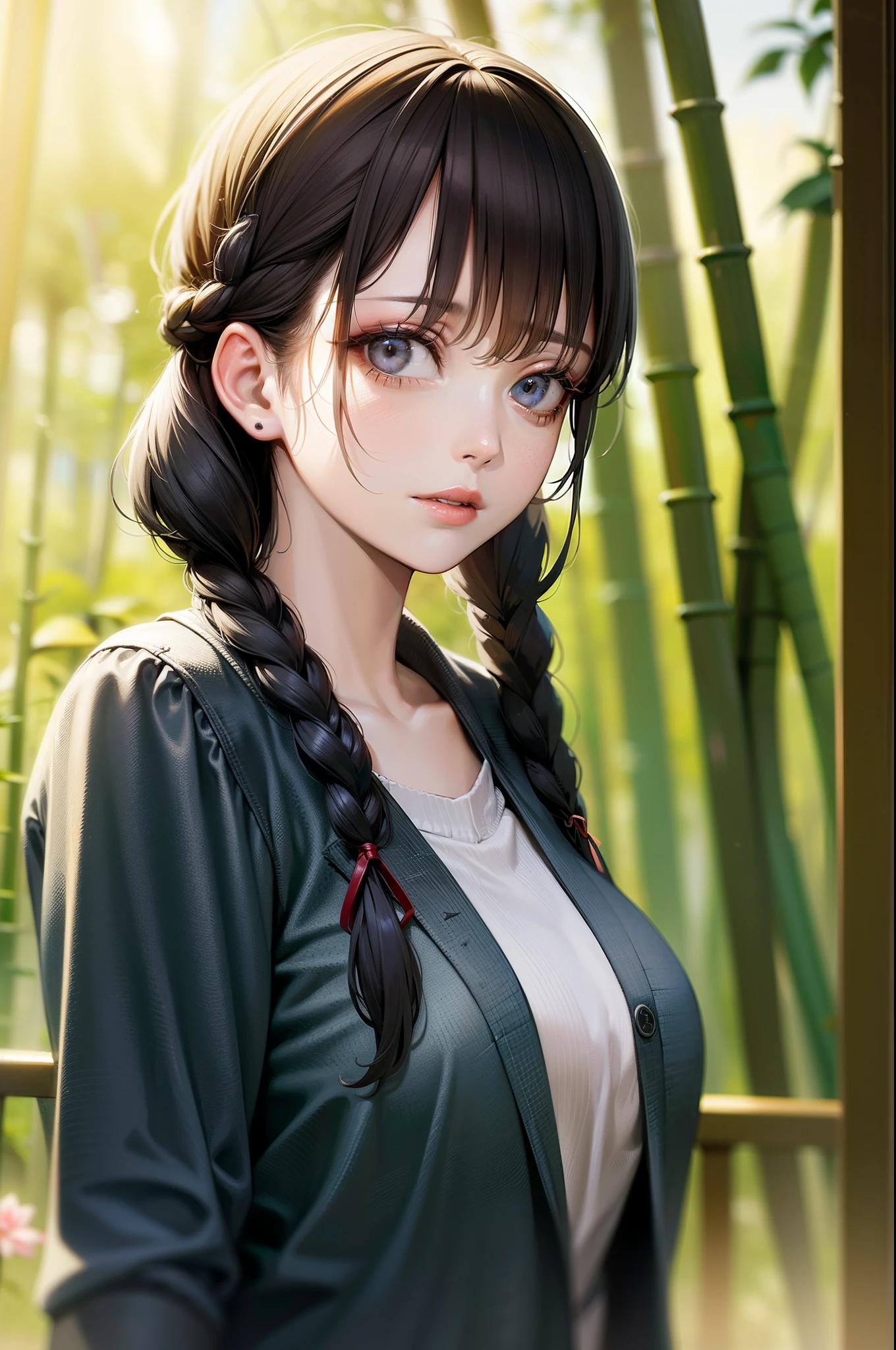 rating:safe, 1girl, solo, realistic, plant, double_bun, looking_at_viewer, lips, upper_body, blurry, leaf, hair_ornament, hair_flower, outdoors, flower, long_hair, bamboo, nose, red_lips, tree, jacket, bun_cover, bangs, day, nature, braid, twin_braids, sunlight, ribbon, depth_of_field
