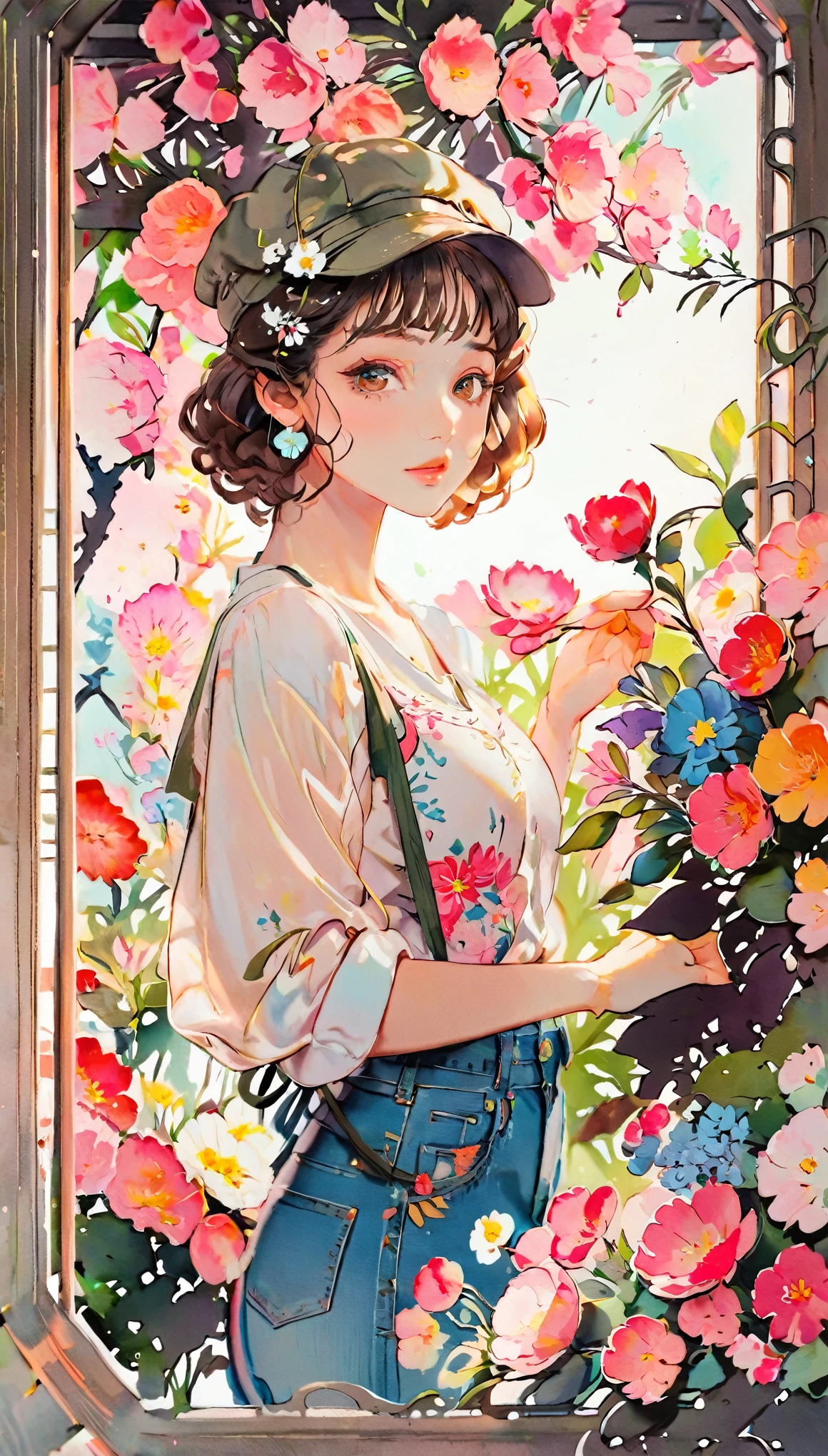 (((paper cutting style))), 1 girl, short brown curly hair, cap, shirts and denim, portfolio, lush, blooming garden