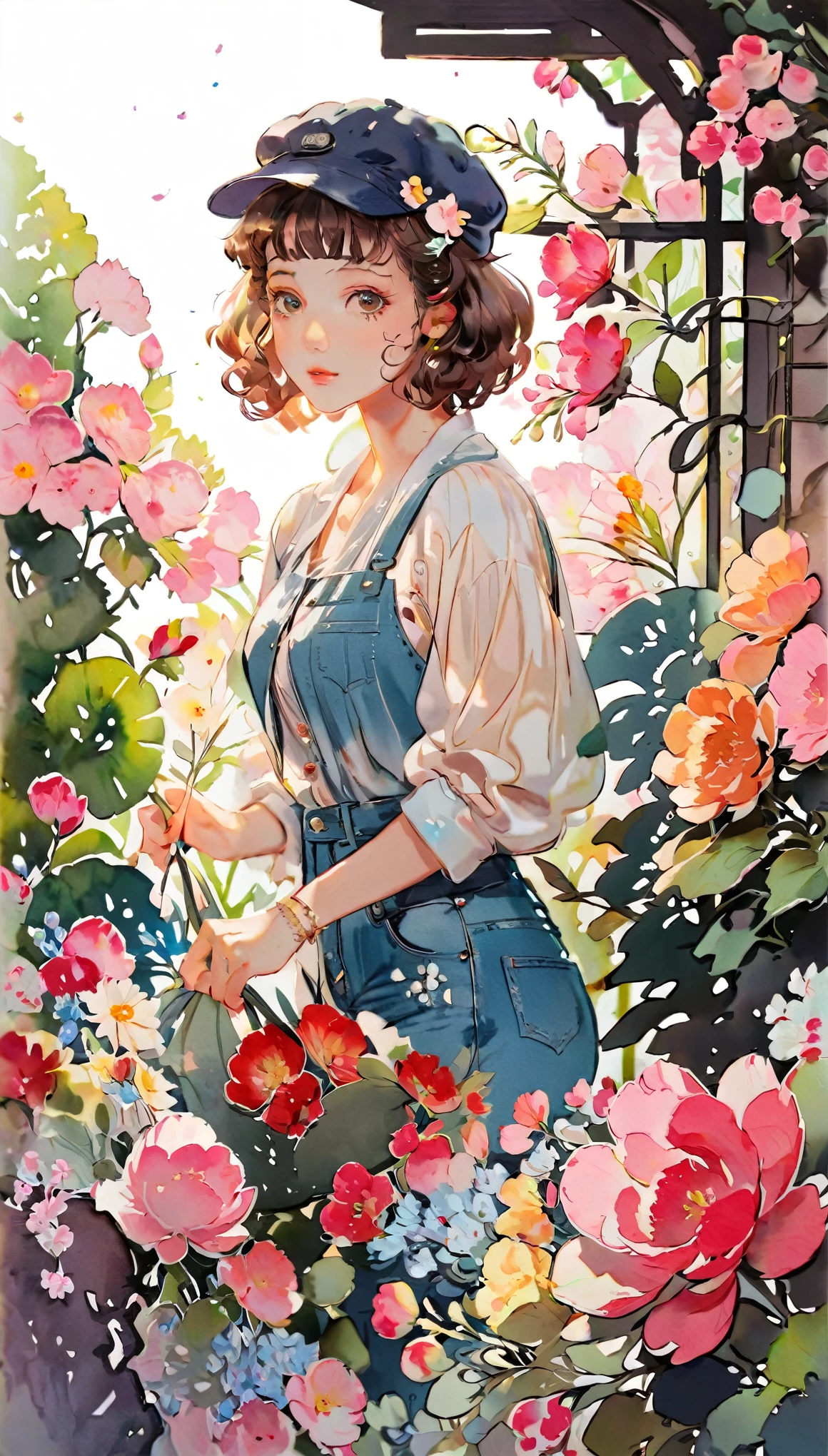(((paper cutting style))), 1 girl, short brown curly hair, cap, shirts and denim, portfolio, lush, blooming garden