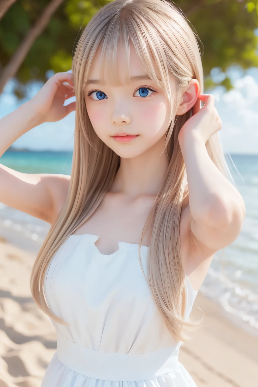 detailed face, cute face, master piece , best quality , detailed , dresses , standing , hands up , armpit , from front , beach, Shiny platinum blonde silk super long straight hair, beautiful shiny bangs, big clear sky blue eyes, very beautiful bright eye highlights