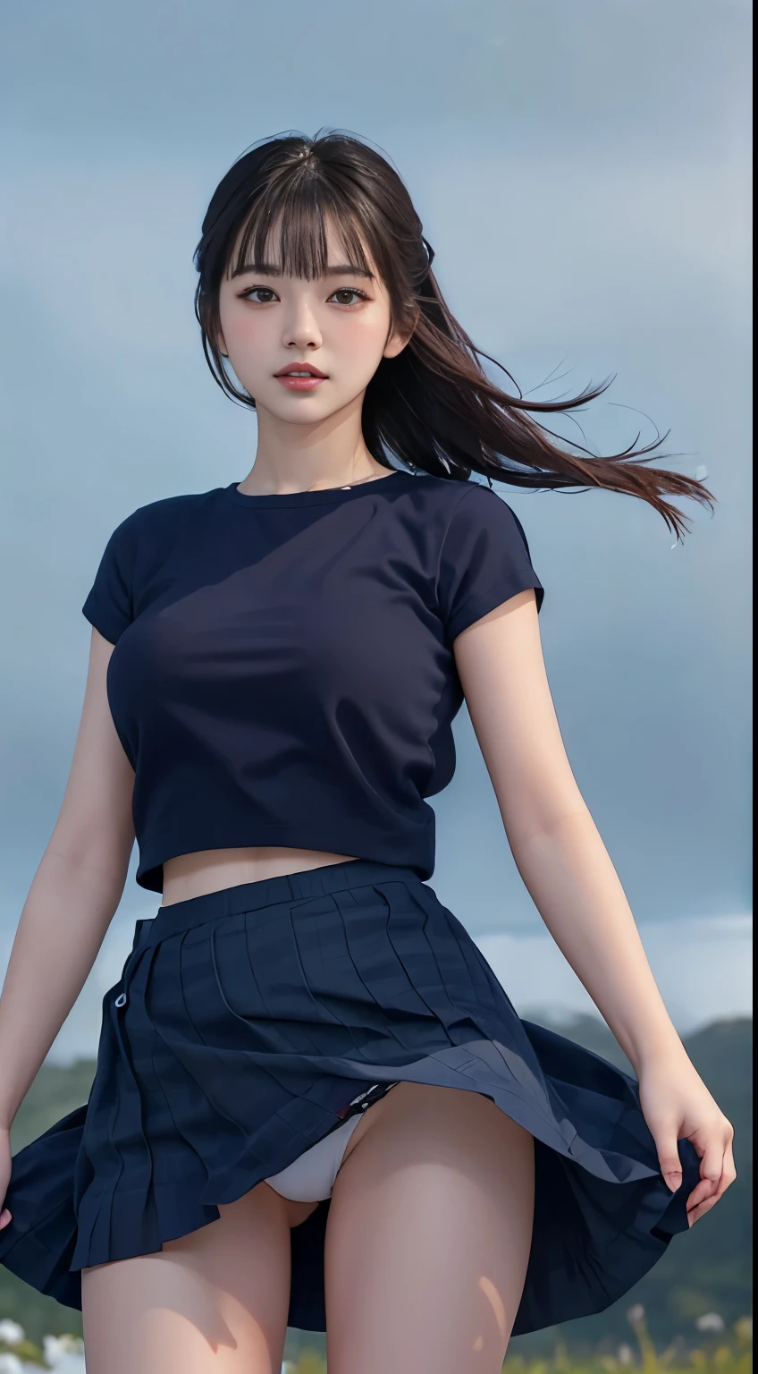 (RAW Photos:1.2), (Realistic), Beautiful detailed girl, Highly detailed eyes and face, Narrow and beautiful eyes, Large file size, High resolution, Very detailed, highest quality, shape, Very detailed, The finer details, highest quality, 8k wallpaper, Cinema Lighting, 20 years old, university student, flower々Spring plateau in full bloom, (((She is wearing a long navy blue skirt that reaches down to her knees))), In strong winds, The skirt is flipped up and the white panties are visible., Wearing pumps, Full body portrait, In the warm plateau of spring, Very strong winds, Skirt soars in strong winds, Slender body, Small breasts, Exposed underwear, Warm spring storm scene, Spring scenery, Lots of spring trees, black hair, bangs, ponytail, straight hair, seductive smile, Surrealism, cinematic lighting, first-person view, Nikon, f/1.2, cowboy shot, first-person view, pov, UHD, best quality, highres