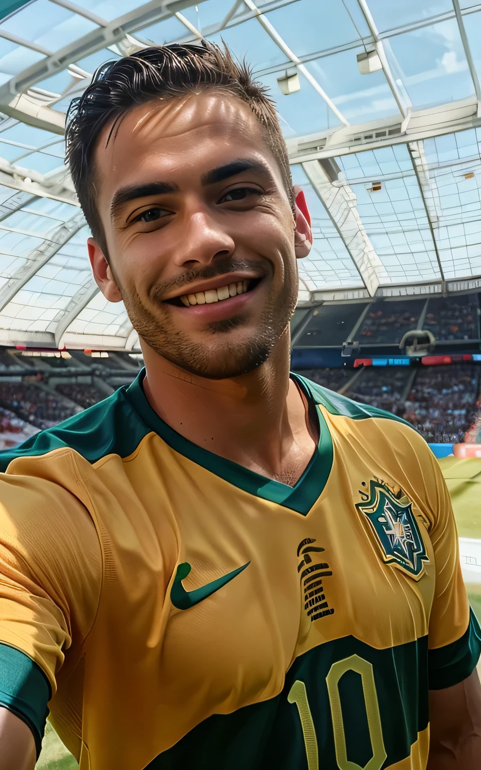 photorealistic, best quality, hyperdetailed, handsome man, selfie photo, upper body, alone, soccer stadium, wearing Brazil shirt, smiling, soccer, skin texture, film grain, close up, ultra high resolution, best shadow, RAW, instagram LUT