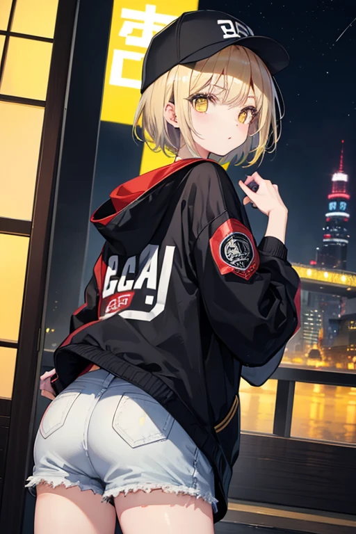 girl、Yellow Eyes、hair、Big eyes、Shining Eyes、Jacket、Baseball Cap、Looking back、night、Casual clothing、fashion、Japan、short hair