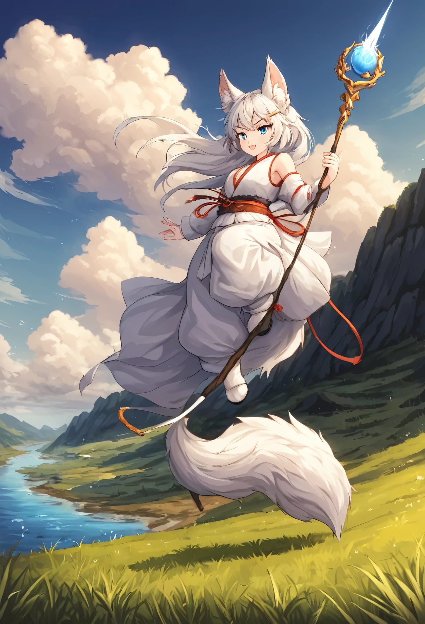 The image shows a person performing some kind of physical training or martial arts exercise in a vast, open, and natural landscape. The person is standing on a grassy patch of land next to a body of water, holding a long stick or staff in a dynamic pose that suggests movement and exertion. The sky above is a brilliant blue, filled with large, fluffy white clouds, and distant mountains can be seen in the background. The person appears to be deeply engaged in their activity, emphasizing a sense of focus and intensity.