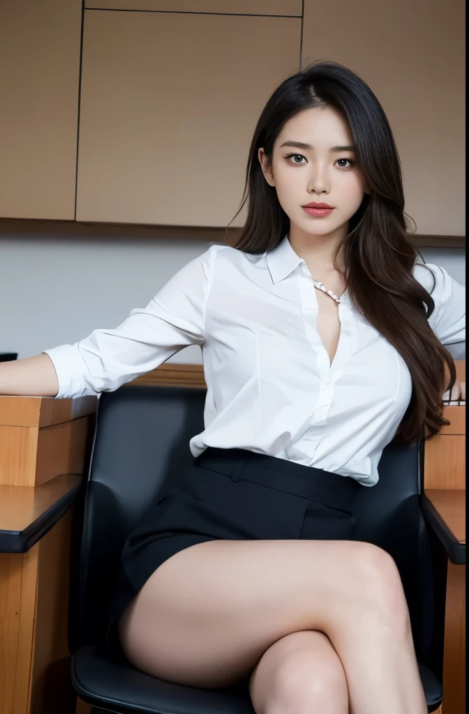 1 girl sitting on an office chair,,(European model:1.3),31 years old,Beautifully,Business women's clothing,(Jacket:1.1),(shirt:1.1),(Wrap Dress:1.1),Jewelry,knitwear,,color,Goosebumps,goosebumps,(Honesty:1.3),Filigree,quality,(masterpiece:1.2),(Honesty:1.2),(best quality),(Skin details:1.3),(Intricate details),drama,Ray tracing,photo,bathed in light and shadow,Visual novel,Boss's office in a skyscraper,Windows with city views,Film Grain,Depth of Field,High heel,full-body shot
