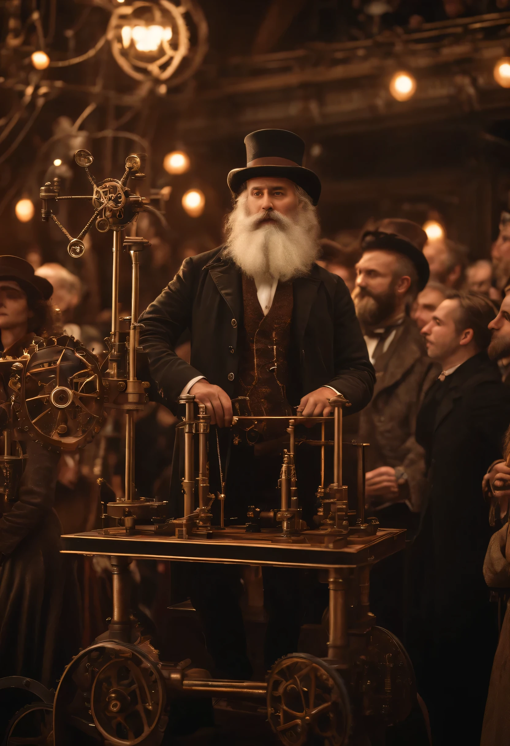 a steampunk scientist with a long beard demonstrating an elaborate perpetual motion machine on a stage, surrounded by a crowd of spectators, highly detailed, intricate gears and mechanisms, cinematic lighting, dramatic atmosphere, warm color palette, steampunk, victorian era, 8k, high resolution, photorealistic