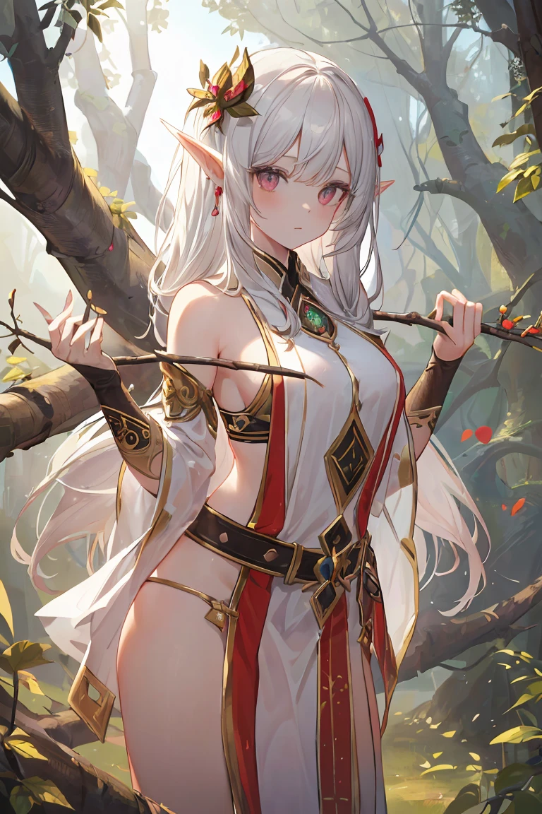 ((absurdres absolutely resolution, Masterpiece,Best quality,Ultra-detailed)), beautifull detailed face, detailled eyes, Elf girl, silver hair, holding a big bow, (((standing on the branch of a big tree))), nocked and ready to shoot an arrow