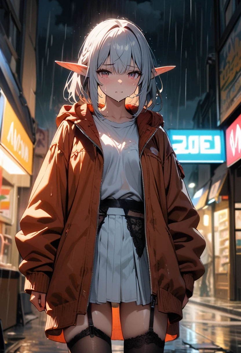 8K，masterpiece，best quality，Super detailed，
On the cloudy street，Corner store，foggy and heavy rain，An elf girl stood in the middle of the road crying.Extremely detailed face, Pointed ears, She is wearing a black convertible jacket，white shirt，Short black skirt and black garter belt，Clothes soaked by rain，Depth of Field（degree ），Film Lens Lighting，