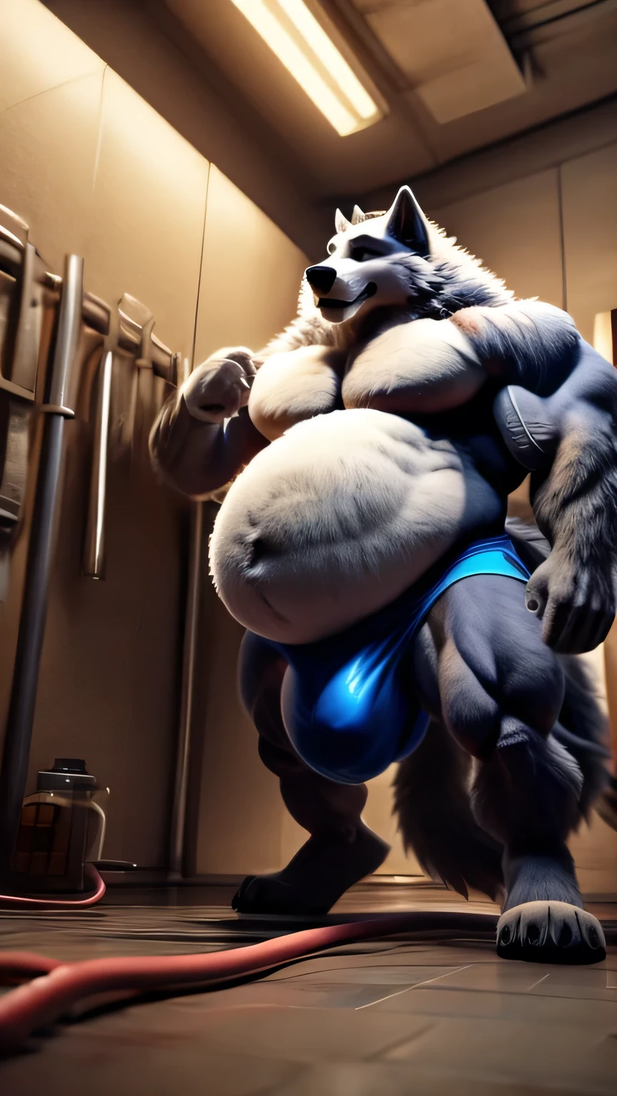 Wolf,furry,muscle,inflated belly with air hose in ass,lay on the floor playing with belly,huge bulge,underwear,shirtless,background hose room,shirtless,huge belly,huge belly