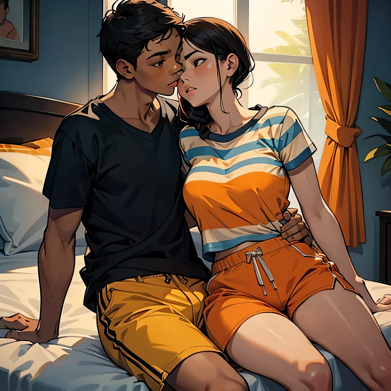 Amazing portrait of a young woman wearing white and orange striped t shirt and orange shorts and young boy wearing a navy blue t shirt and black shorts sitting on a bed together and kissing and making out passionately in a sexy and hot and lustful setting