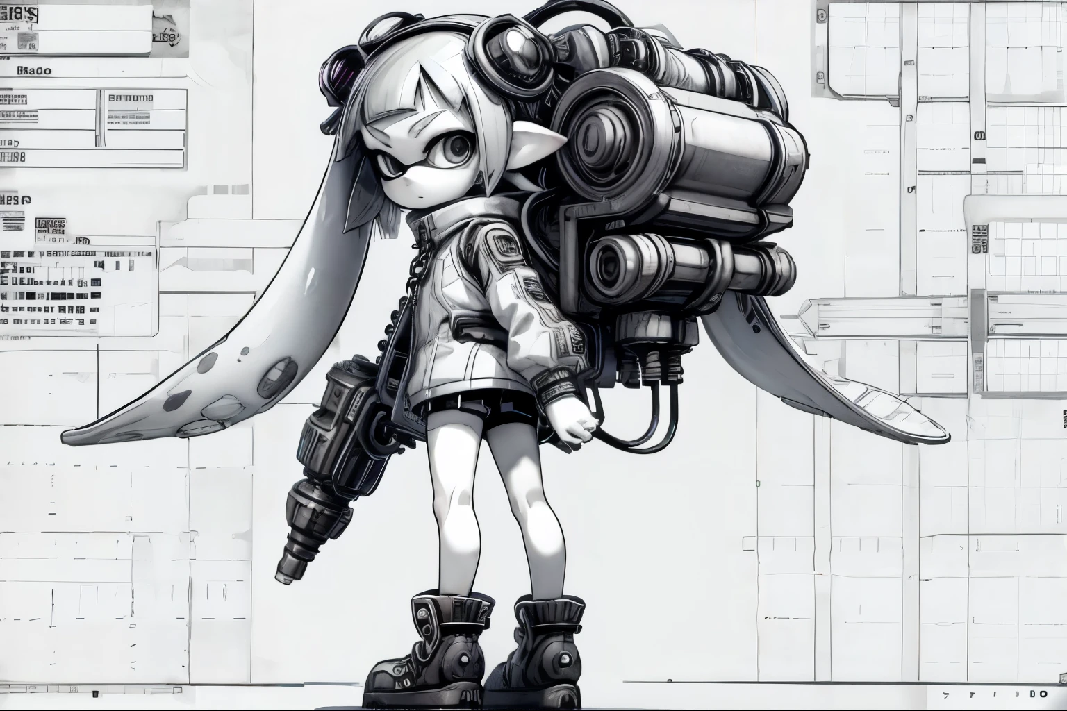 Splatoon Girl、NSFW、3D、Real Anime、Japanese manga style character sheet of cyberpunk girl, Front and Back, whole body, Black and white background, detailed, complicated