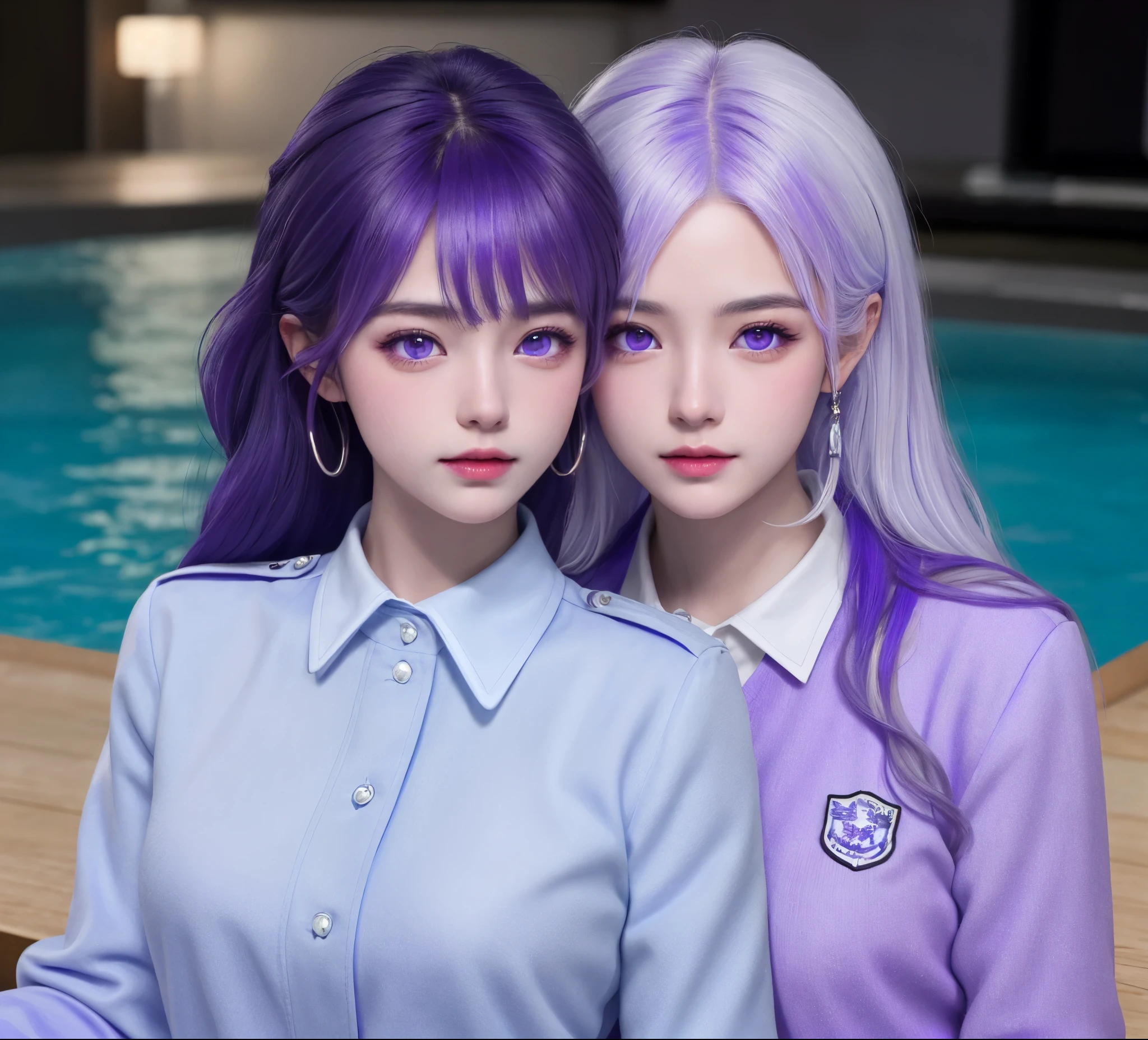 (masterpiece), (high quality), (8k resolution), (RAW photos), (best quality), (masterpiece:1.5), (Practical:1.5), ((photo Practical)), Vivid details, hyper Practical,2 Girls, (Lovely:1.2), beautiful, high quality、Delicate face, Perfect face, (purple hair and white hair:1.4), Red face,Two braids, delicate eyes, (Purple Eyes),Colored eyes,(Big watery eyes),National Foundation,, slim body, looking at the audience, Shut up, Real human skin, shiny skin, Mid-chest, ((Uniforms)), sit, floor,