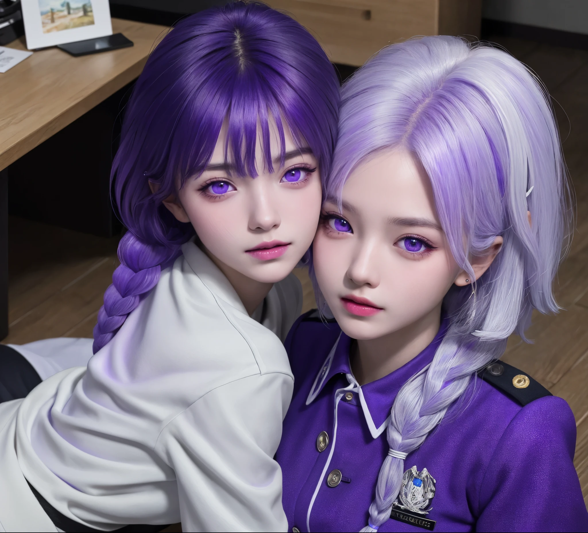 (masterpiece), (high quality), (8k resolution), (RAW photos), (best quality), (masterpiece:1.5), (Practical:1.5), ((photo Practical)), Vivid details, hyper Practical,2 Girls, (Lovely:1.2), beautiful, high quality、Delicate face, Perfect face, (purple hair and white hair:1.4), Red face,Two braids, delicate eyes, (Purple Eyes),Colored eyes,(Big watery eyes),National Foundation,, slim body, looking at the audience, Shut up, Real human skin, shiny skin, Mid-chest, ((Uniforms)), sit, floor,