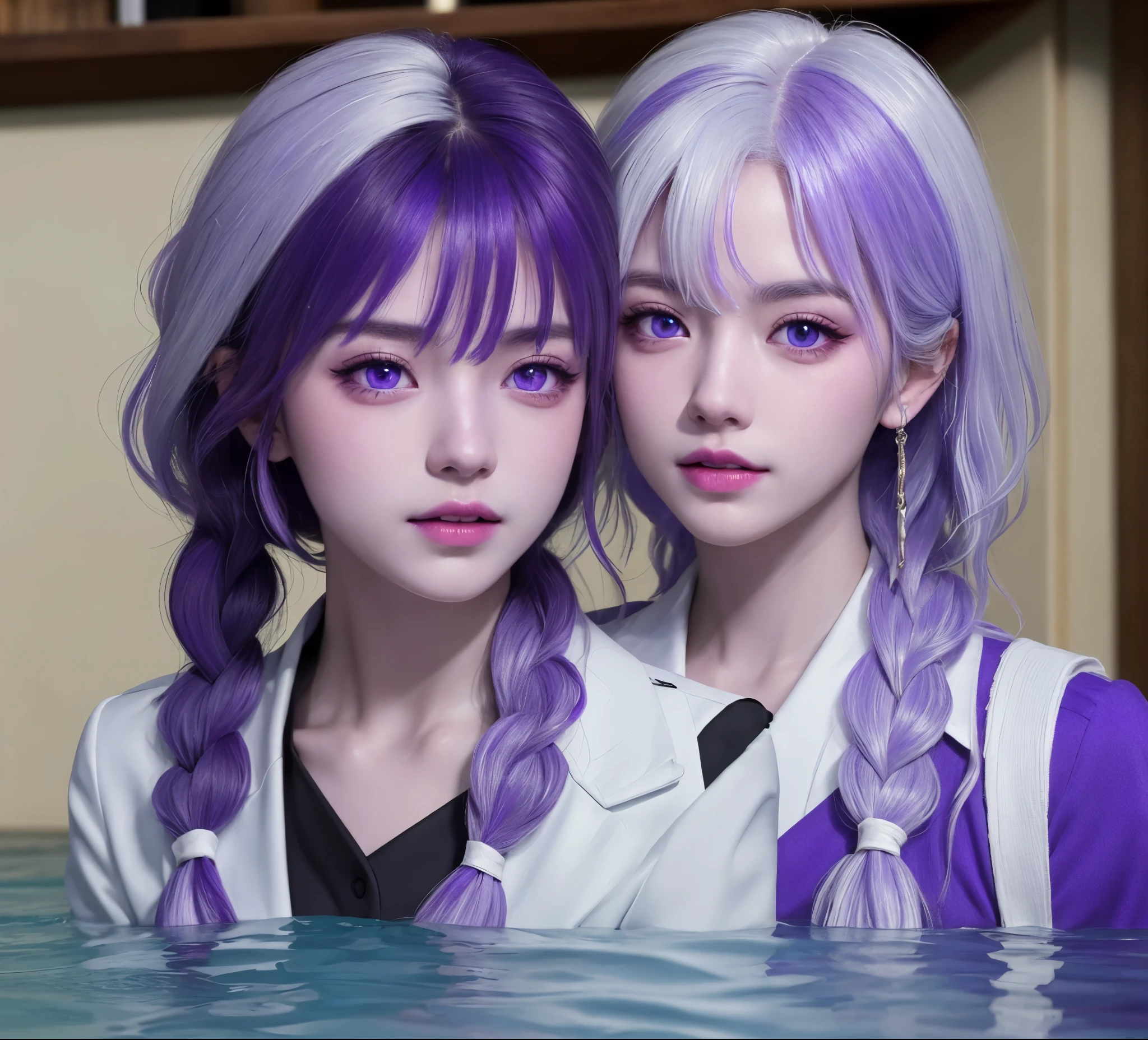 (masterpiece), (high quality), (8k resolution), (RAW photos), (best quality), (masterpiece:1.5), (Practical:1.5), ((photo Practical)), Vivid details, hyper Practical,2 Girls, (Lovely:1.2), beautiful, high quality、Delicate face, Perfect face, (purple hair and white hair:1.4), Red face,Two braids, delicate eyes, (Purple Eyes),Colored eyes,(Big watery eyes),National Foundation,, slim body, looking at the audience, Shut up, Real human skin, shiny skin, Mid-chest, ((Uniforms)), sit, floor,