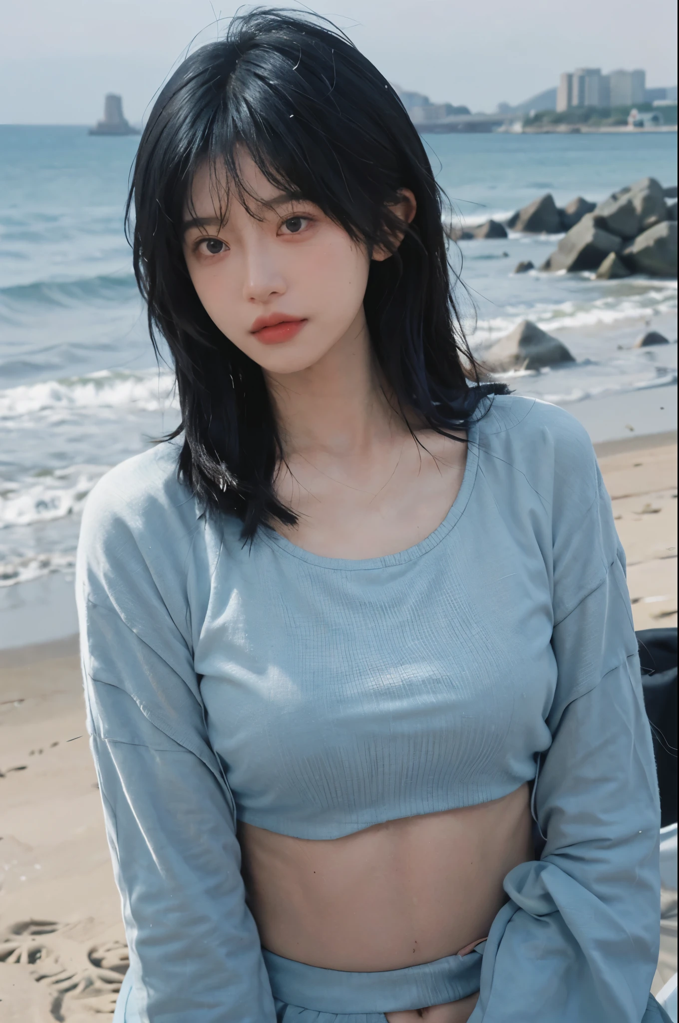 Best quality,Ultra-high resolution,(lifelike:1.4),Cute hairpin,2girll,short hair,jk,Blush,Slim beauty:1.4,Visible abdominal muscles,on the beach,Ultra-fine face,Exquisite eyes,Double eyelids,