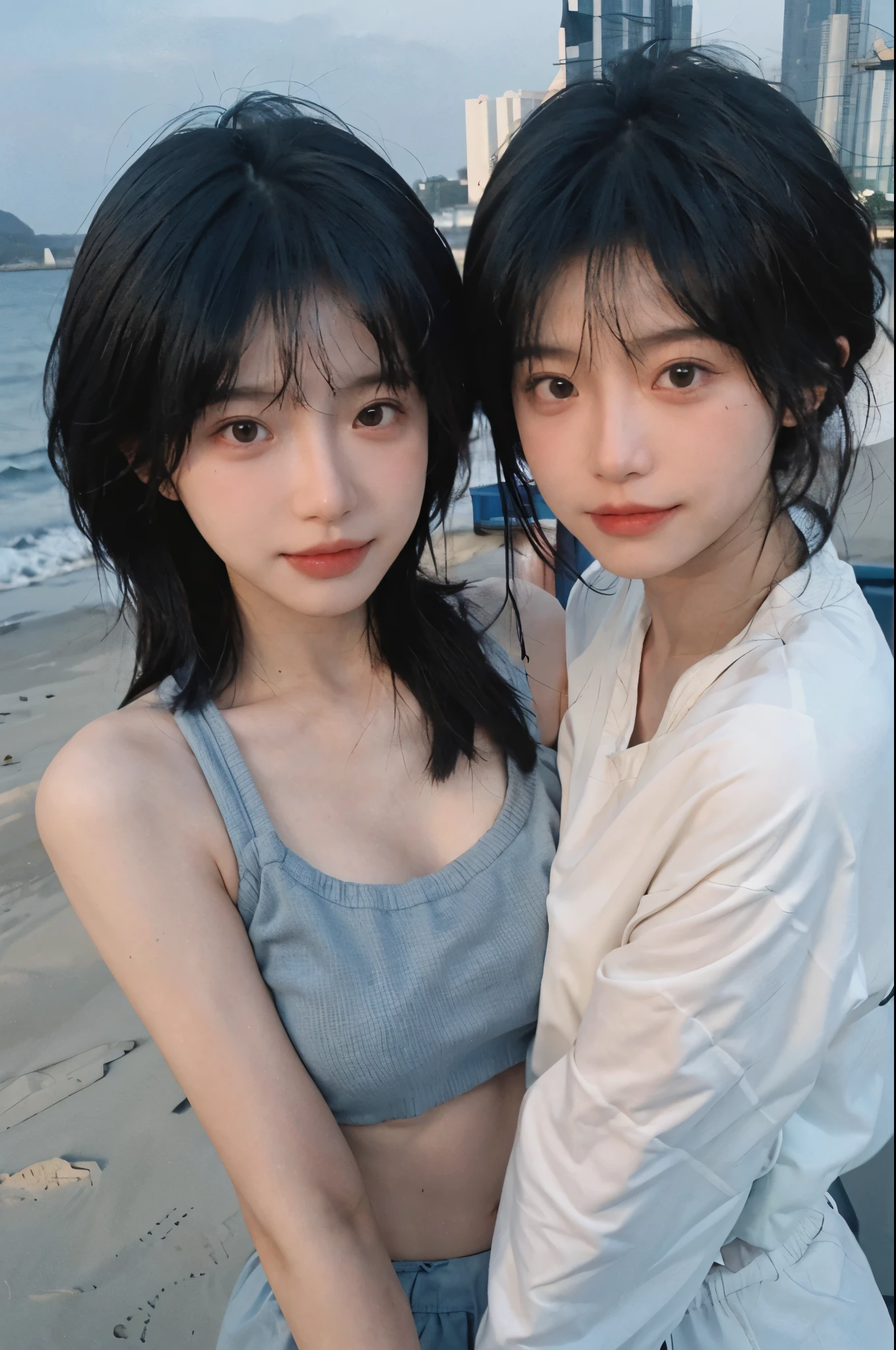 Best quality，Ultra-high resolution，（lifelike：1.4），Cute hairpin，2girll，Short blue hair，jk，Blush，Slim beauty：1.4，Visible abdominal muscles，on the beach，Ultra-fine face，Exquisite eyes，Double eyelids，