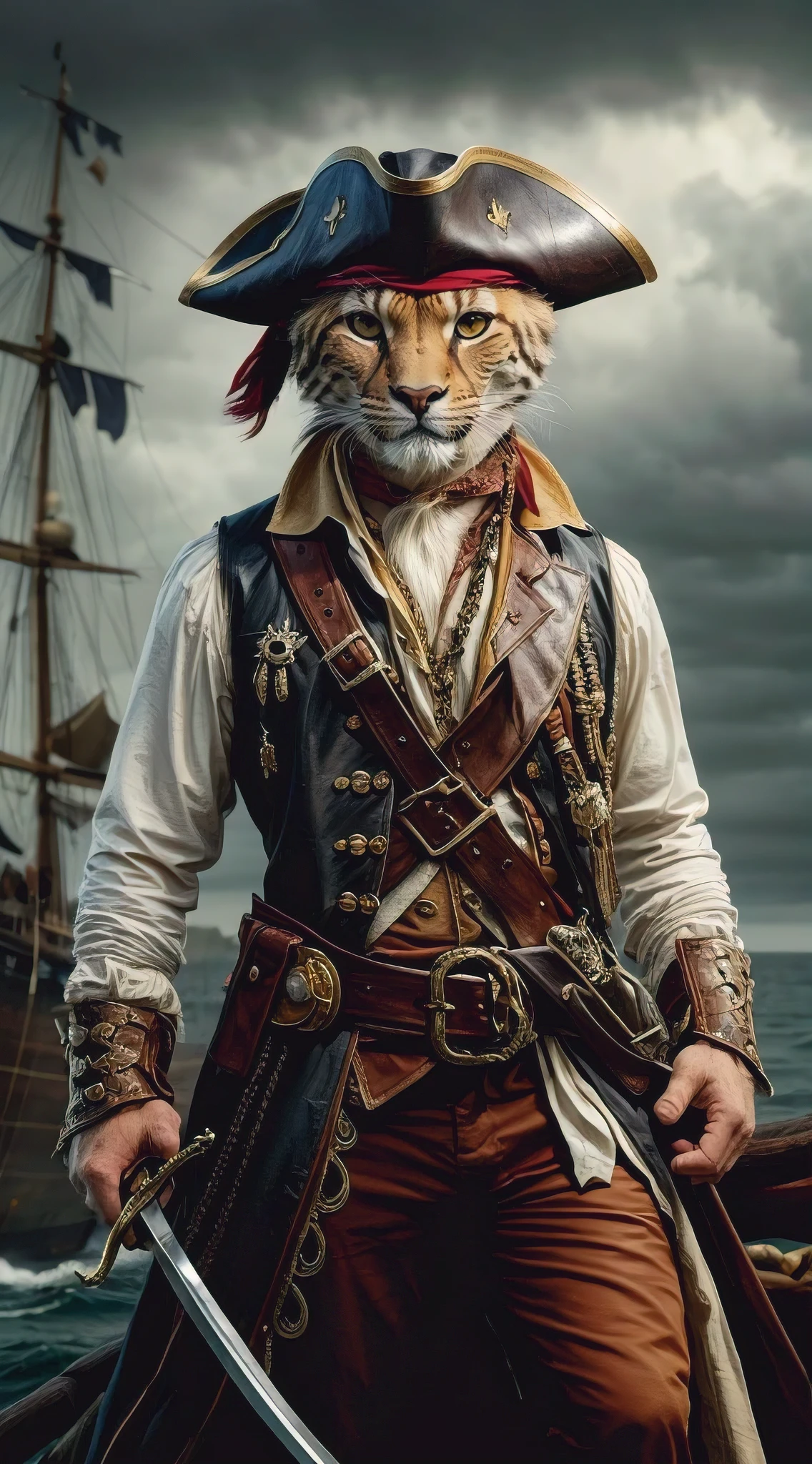A captivating painting of a unique anthropomorphic cheetah dressed in a meticulously detailed historical pirate attire, reminiscent of the golden age of piracy. The cheetah pirate sports a tricorn hat, a dashing bandana, a leather vest adorned with various treasures, and a sword at his side. His eyes gleam with adventure, and in the background, a stormy sea sets the stage for high-sea escapades., painting