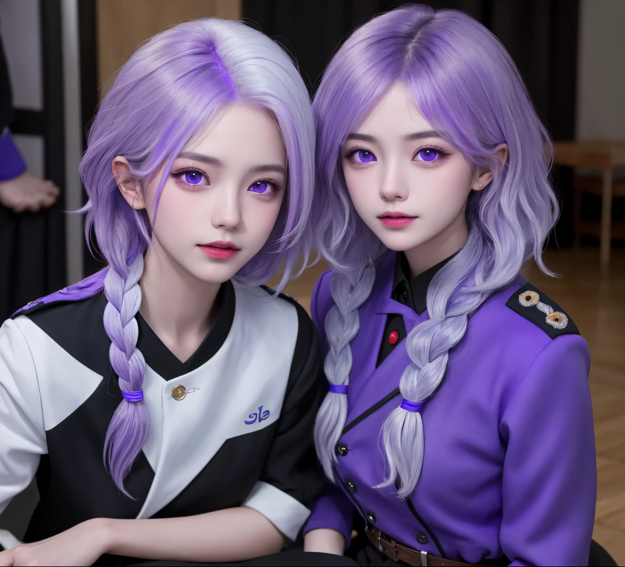 (masterpiece), (high quality), (8k resolution), (RAW photos), (best quality), (masterpiece:1.5), (Practical:1.5), ((photo Practical)), Vivid details, hyper Practical,1 Girl,1 Boy, (Lovely:1.2), beautiful, high quality、Delicate face, Perfect face, (purple hair and white hair:1.4), Red face,Two braids, delicate eyes, (Purple Eyes),Colored eyes,(Big watery eyes),National Foundation,, slim body, looking at the audience, Shut up, Real human skin, shiny skin, ((Uniforms)), sit, floor,