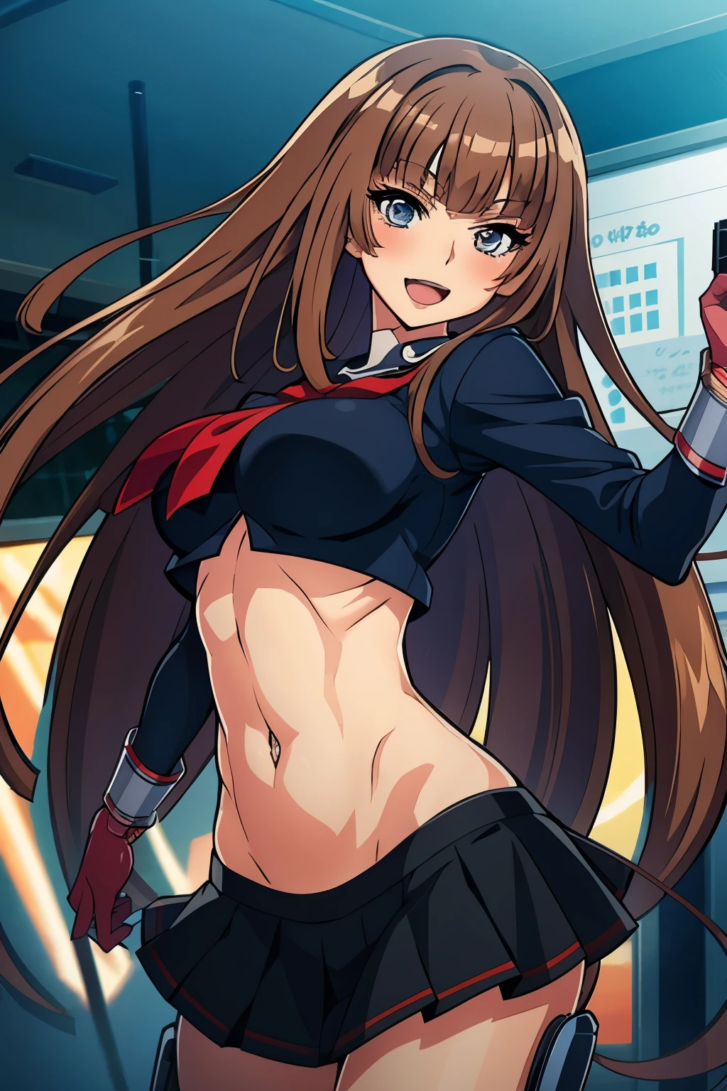 1woman, Kokawa_Asuka, brown_hair, blunt_bangs, medium breasts, blush, lipstick, masterpiece, best quality, highly detailed, a anime girls in sailor uniforms with a gun posing for a picture,
evil smile, smile, open mouth,black_serafuku, ecchi anime style, anime girls , (nsfw) not safe for work,
ecchi style, ecchi, shipgirls, digital anime art!!, high school girls, holding a gun, hold a gun, anime style 4
k, micro skirt, exposed belly, exposed navel, exposed midriff,
exposed lower belly,school, classroom, navel piercing