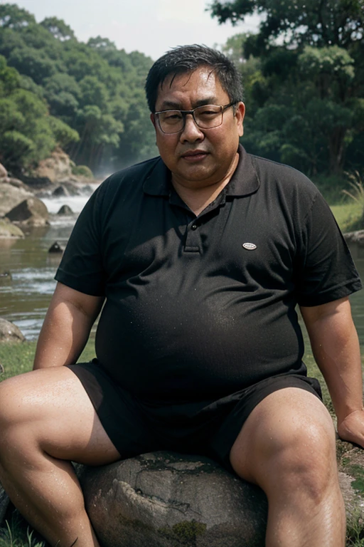 Realistic picture, fat old man, Asian guy, wearing eyeglasses, wet with sweat, sitting on a rock, in a grass field