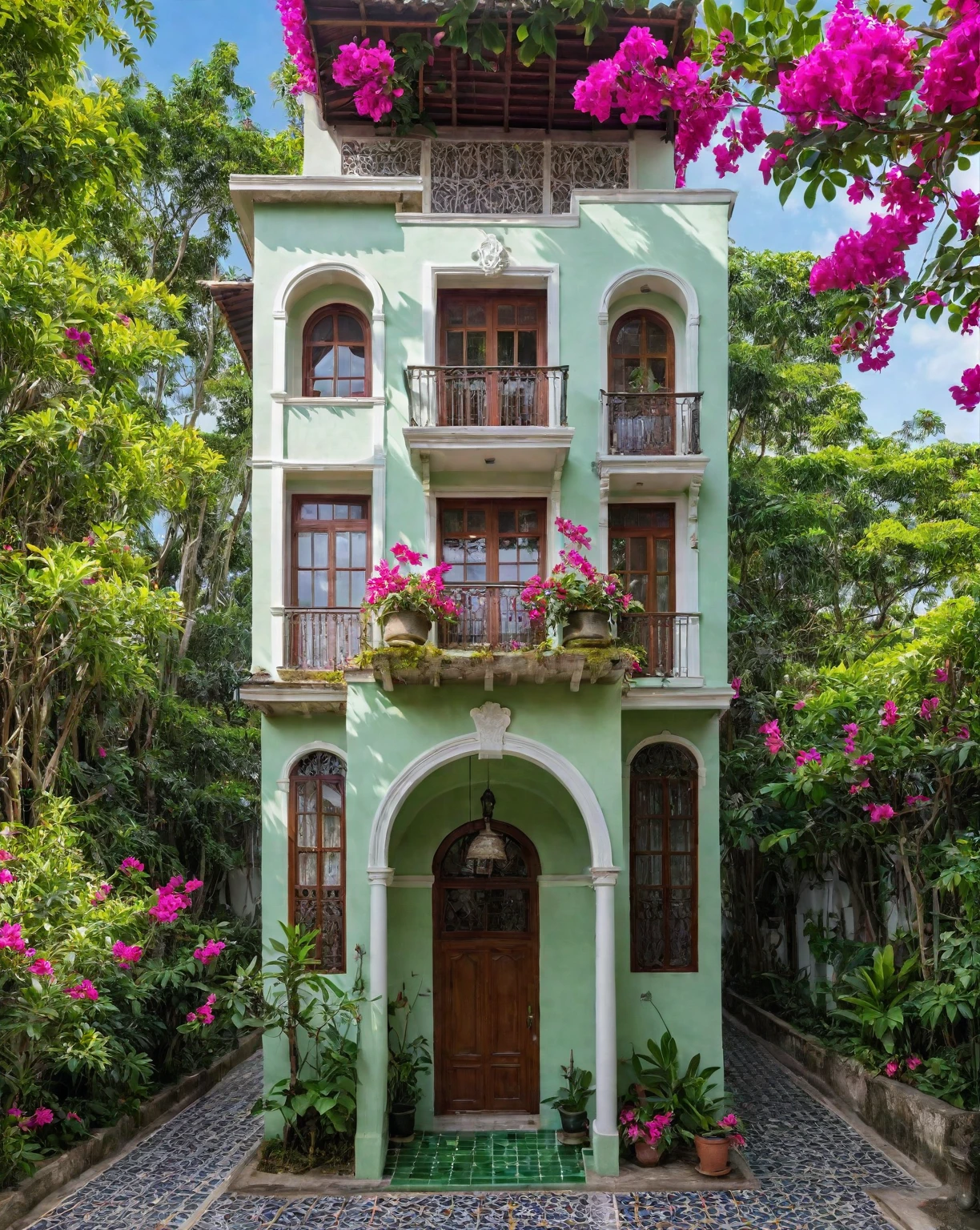 Raw photo,Masterpiece, high quality, best quality, authentic, super detail, exterior, outdoors, house style indochine, Many bougainvilleas along the road ,aiaigroup road,pavement, grass, trees, sky, cloud, (day:1.1), vivid colour ((green tile roof:1.3))