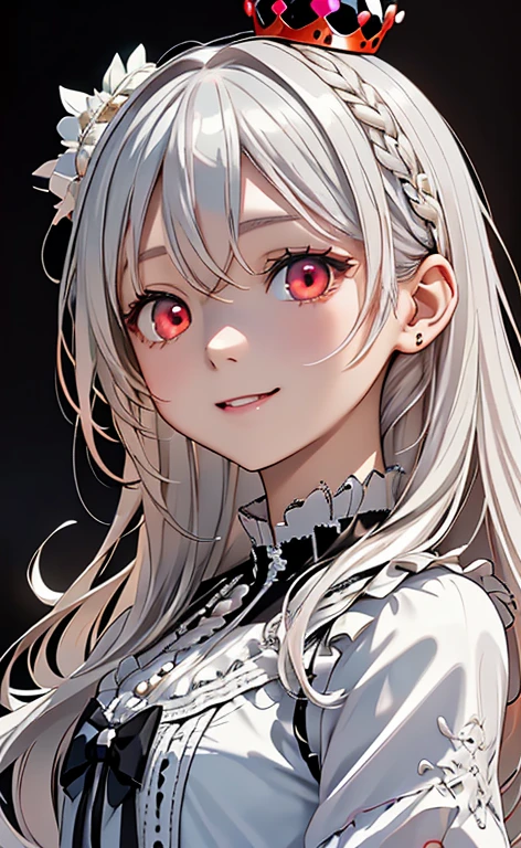 (Photorealistic:1.4)、asuna,(masterpiece、lens flare:1.5、spot light:1.2、Exquisite beautiful eyeonochrome:1.5,portlate、)(little devil:1.3),()
、Cute Face、 3D Face、(pearl white hair:1.5)、(wavy hair:1.3),(1 Girl)、(Red eyes:1.2)、(upper body)、(happy:1.5)、(head tilt) ,(Cute face:1.2),(flat chest),(),kind face,(white lace frilled gothic lolita),(black background:1.5)、(glowing eyes:1.3)、(crown:1.3)、 Neat and clean、Adorable、Slim Body(Tareme:1.5),Shiny Hair、(Glowing pink Skin)、Nijisketch,Manga,beautifuljapanesewoman