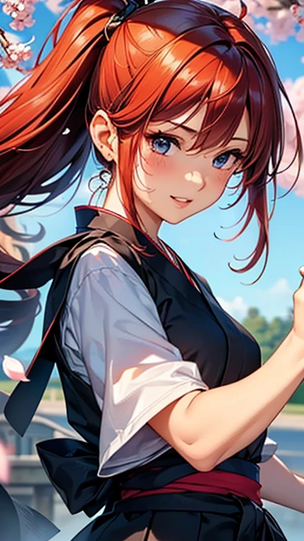 A girl is posing for a photo,pretty girl,Enchanting girl,Anime Girls,
(((One Girl,Baby Face,16 years old))),
(Red two-sleeve,Black lantern hakama,Hold the blade with both hands:1.4,Lower the blade),
BREAK
(Beautiful Hair,Shiny Hair),(Red hair、Shortcuts、I can see the ears),
(Expression of fine eyes,Beautiful and delicate eyes,Sparkling eyes,Eye Reflexes),(black eye),
double eyelid,Long eyelashes,
(Beautiful Nose,Thin Nose),
(Glossy lips,Beautiful Lips,Thick lips),
(Symmetrical facial features,Perfect Face),(((Detailed skin,Oily skin,Textured skin,Beautiful Skin))),
break
(smile),
(noon、(Japanese Castle、cherry blossoms)),((Dynamic Pose、front view:1.4、whole body:1.4)),
break
(((highest quality)),((masterpiece)),(Very detailed),(High resolution),(Beautiful sparkle),(High detail),(Anatomically correct)),((Realistic)),
(The best CG),Highly detailed art,CG illustration,(16k,1080p),((Line art)),