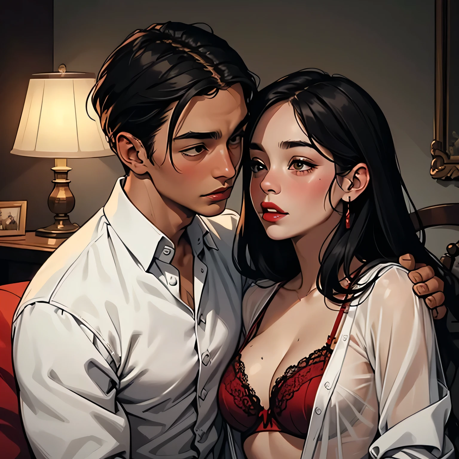 Amazing portrait of a sexy woman kissing and making out with a shirtless boy with her glossy red lips while wearing a sheer white shirt that reveals the red lacy lingerie that she's wearing underneath the shirt in a dimly lit room with one lamp giving off warm lighting