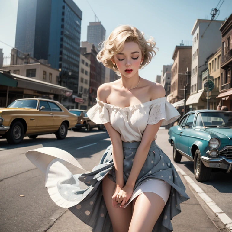 Watercolors in the 1970s, (new york cityscape),pen and ink, 25 year old Marilyn Monroe in retro fashion, pinup style, whole body, depiction of rural life, light gray, light brown, red, white, and blue, In the style of classic Americana,(Off-shoulder white long dress）, Playful innocence, White dotted line, Cutout from white background, in the style of Norman Rockwell, masterpiece art work,((My skirt flies up in the wind)),(white panties are visible),(eyes closed)