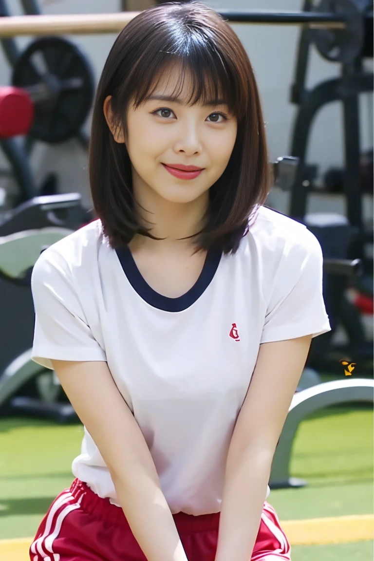A beautiful young Japanese woman, (best quality,4k,8k,highres,masterpiece:1.2),ultra-detailed,(realistic,photorealistic,photo-realistic:1.37),extremely detailed eyes and face,longeyelashes,beautiful detailed lips,beautiful detailed eyes,natural lighting,soft lighting,warm color tones,cinematic,(whole body:1.4),smile,  (gym uniform,red buruma, white shirt, short sleeves, thighs:1.3),
indoors, locker room,