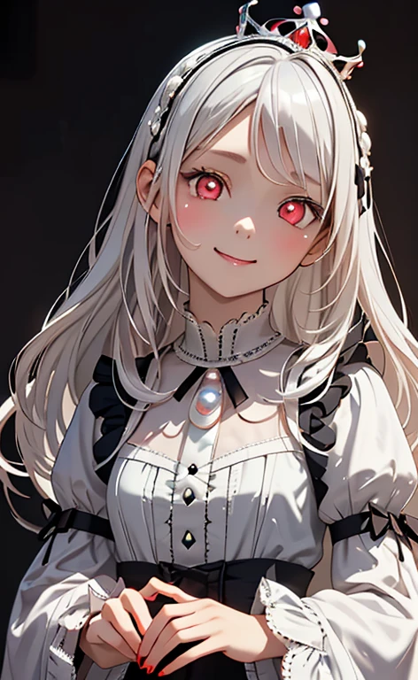 (Photorealistic:1.4)、asuna,(masterpiece、lens flare:1.5、spot light:1.2、Exquisite beautiful eyeonochrome:1.5,portlate、)(little devil:1.3),()
、Cute Face、 3D Face、(pearl white hair:1.5)、(wavy hair:1.3),(1 Girl)、(Red eyes:1.2)、(upper body)、(happy:1.5)、(head tilt) ,(Cute face:1.2),(flat chest),(),kind face,(white　lace frilled gothic lolita),(black background:1.5)、(glowing eyes:1.3)、(crown:1.3)、 Neat and clean、Adorable、Slim Body(Tareme:1.5),Shiny Hair、(Glowing pink Skin)、Nijisketch,Manga,beautifuljapanesewoman