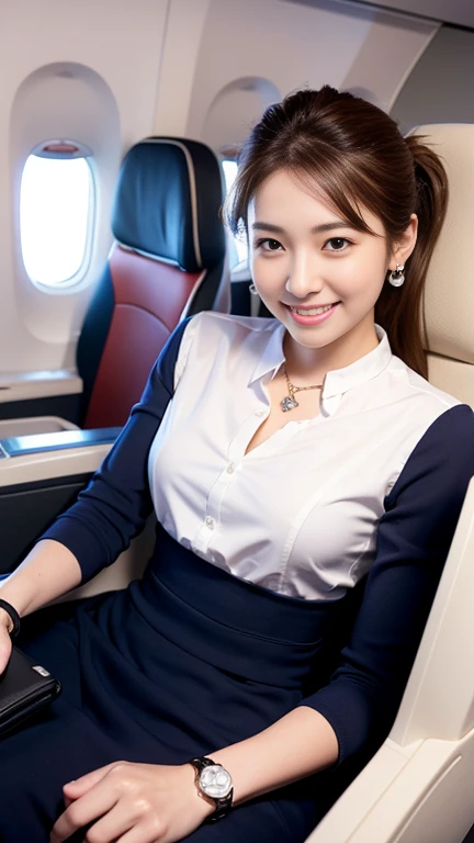 highest quality, Realistic, Very detailed, finely, High resolution, 8k wallpaper, Beautiful woman,, Light brown ponytail hair, Stewardess Costume, Perfect dynamic composition, finelyて美しい目, Realistic , smile, Model Body Type、Earrings,garnet necklace,(Wearing a watch 1),Beautiful feet,Sitting in an airplane seat、talk、Chatting,Full Body Shot:1.3,Smile and laugh,