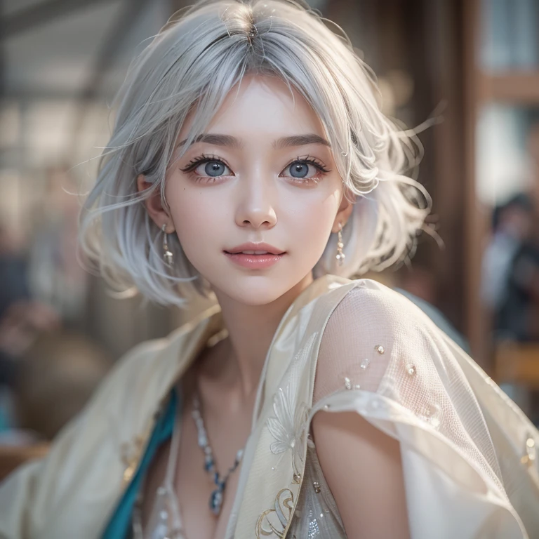 (masterpiece:1.3), (8k, Realistic, RAW Photos, Best image quality: 1.4), Fair-skinned fairy woman、short hair、Cleavage:2.0、Highly detailed face、Attention to detail、double eyelid、Sharp focus:1.2、Beautiful woman:1.4、Silvery white hair、highest quality、masterpiece、Ultra-high resolution、(Realistic:1.4)、Highly detailed and professionally lit smiles、Loose, Light,Japanese high 、 one person、whole body, I eat breakfast