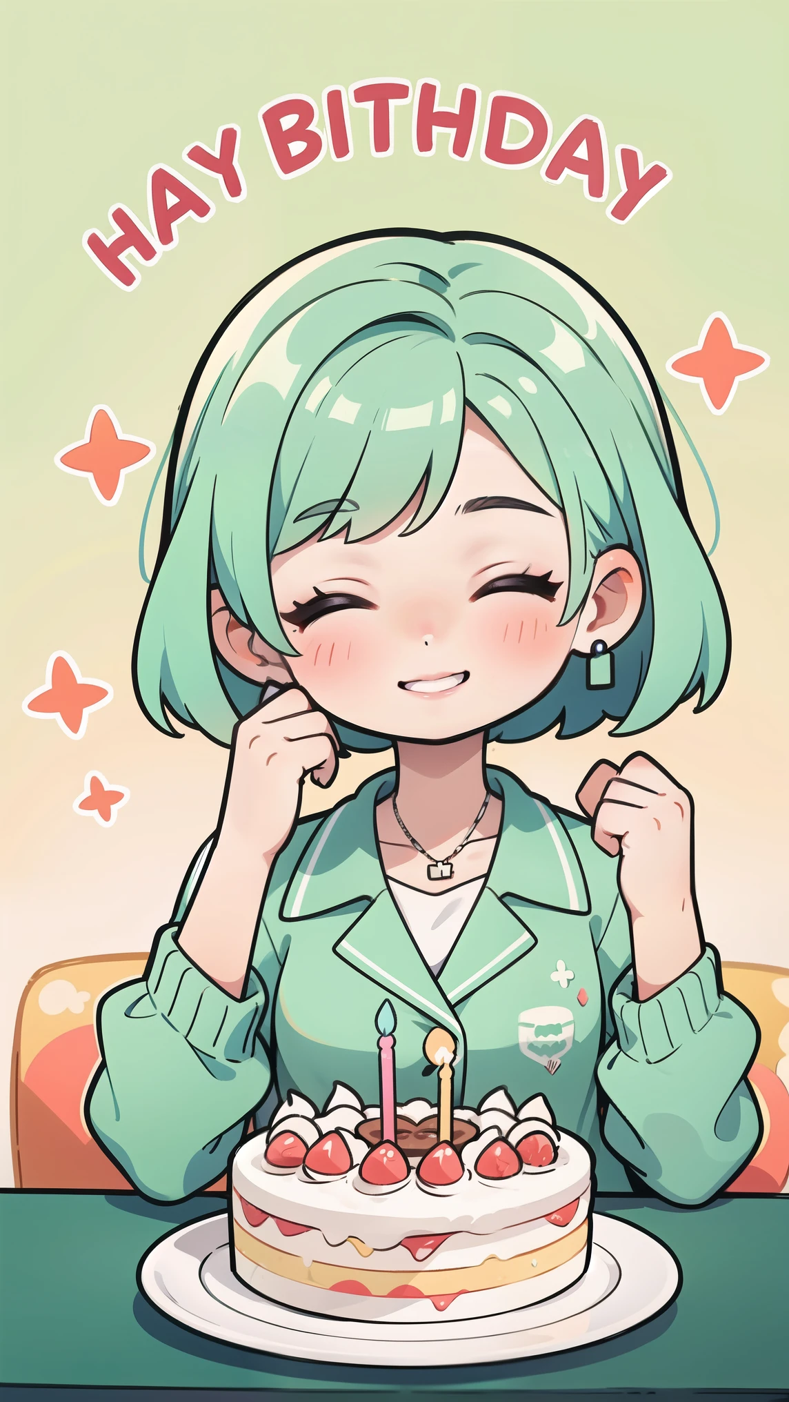 Happy birthday,Eat birthday cake,Close your eyes and smile,girl,Mint green hair,Bob Hairstyle