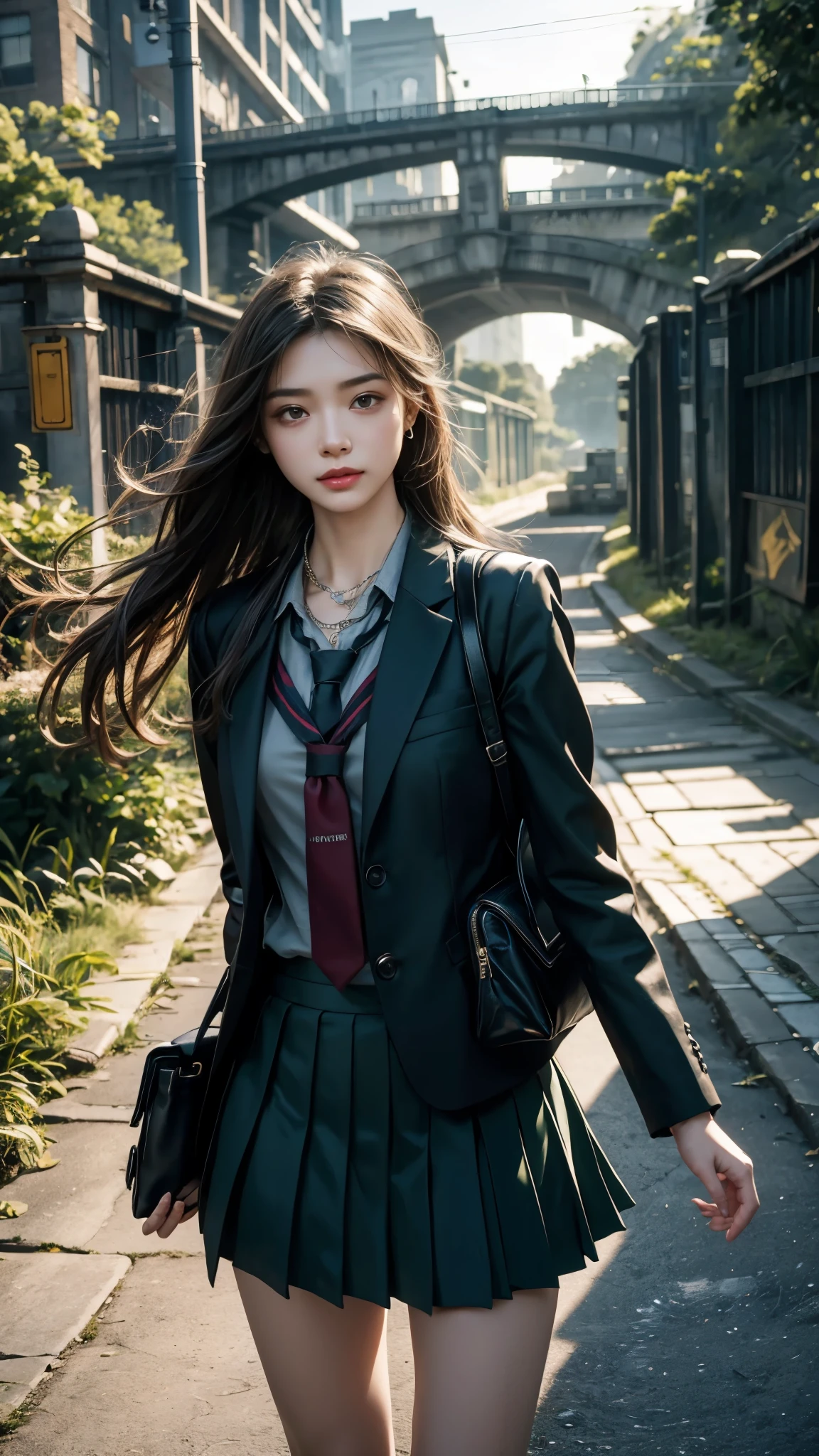 8K, UHD, masterpiece, 1 girl, good face, happy face, detailed eyes, very long hair, necklace, (school uniform), (green skirt), tie, school bag, in the bridge, cloudy weather, realism, depth of field, 3d, unreal engine 5, ray tracing, flowing wind,