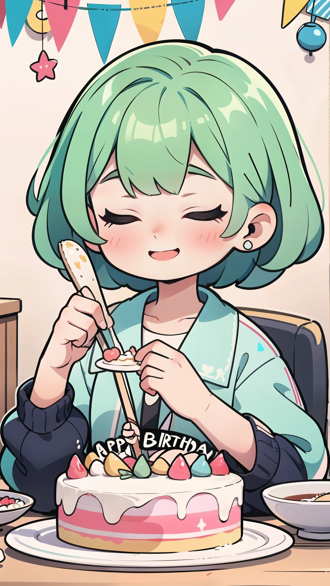 Happy birthday,Eat birthday cake,Close your eyes and smile,girl,Mint green hair,Bob Hairstyle