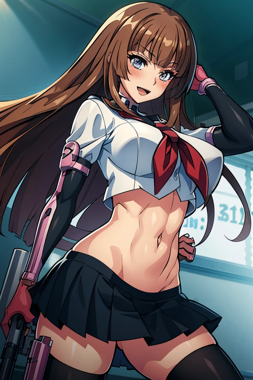 1woman, Kokawa_Asuka, brown_hair, blunt_bangs, medium breasts, blush, lipstick, masterpiece, best quality, highly detailed, a anime girls in sailor uniforms with a gun posing for a picture,
evil smile, smile, open mouth,black_serafuku, ecchi anime style, anime girls , (nsfw) not safe for work,
ecchi style, ecchi, shipgirls, digital anime art!!, high school girls, holding a gun, hold a gun, anime style 4
k, micro skirt, exposed belly, exposed navel, exposed midriff,
exposed lower belly,school, classroom,